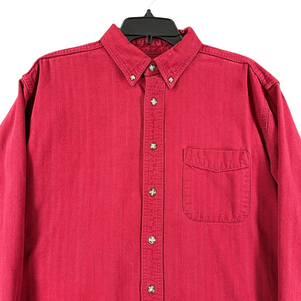 LL Bean Herringbone Shirt Mens L Red Cotton Twill Button Down Canada